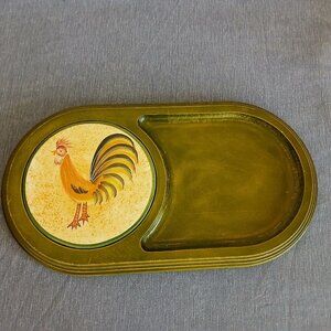 Cardinal Collection Hand painted Oval Cheese Tray with Rooster Ceramic Tile